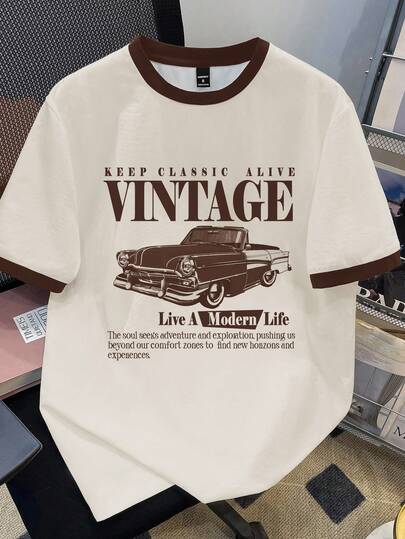 Manfinity Joysei Men's Brown Cuff Splice Car Slogan Print T-Shirt