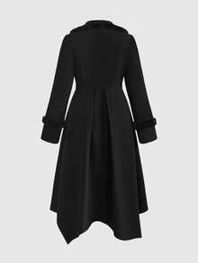 ROMWE EDITION 哥特式荆棘丛林花卉蝴蝶刺绣不对称下摆修身毛领纽扣长款黑色外套，花卉蝴蝶刺绣加大码黑色长款外套 - 黑色 - 查看 2