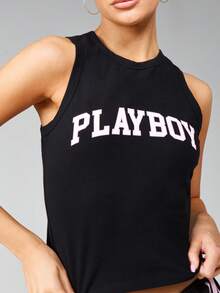 Missguided x Playboy 夏季休闲日常穿着的学院风印花背心 - 黑色 - 查看 3