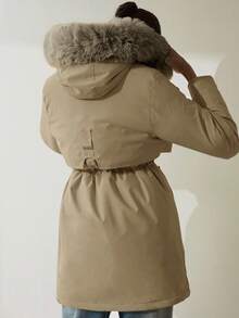 Aveloria Modichic Áo khoác nữ mùa đông cổ lông giả có mũ trùm đầu, màu trơn, có dây rút, thắt lưng, đệm lót - Màu Khaki - Xem 2