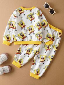 SpongeBob SquarePants | SHEIN Set de sudadera de cuello redondo de manga larga y pantalón de chándal con estampado de dibujos animados para bebé niño, 2 piezas - Blanco - Ver 2