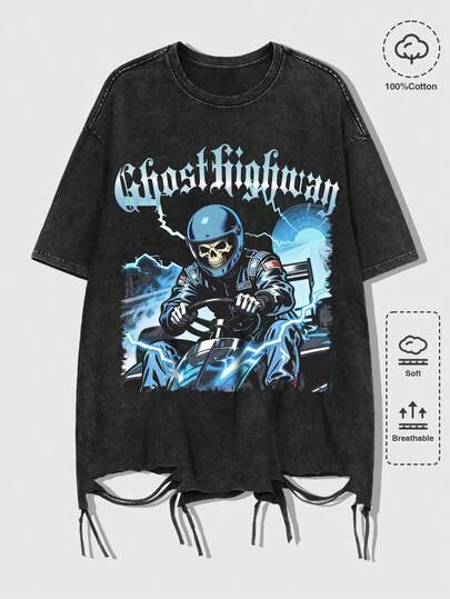 Goth تي شيرت كم قصير بطبعة هيكل عظمي مشوه وحرف