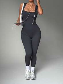 Easithlete 女士纯色简约日常运动连体裤 - 深灰色 - 查看 5