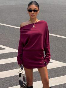 Muchica 女士新款秋季抓绒斜领长袖修身连衣裙