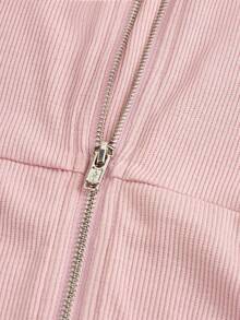 SHEIN Girlism Teen Girls' Pink Ribbed Knit Hooded Zip-Up Cardigan, Fitted Waist Long Sleeve Casual Outerwear Pink Hoodie Zip Up Hoodie Pink Jacket Teen Zipper Front Hoodie Set Cropped Hoodie - Pink - View 3