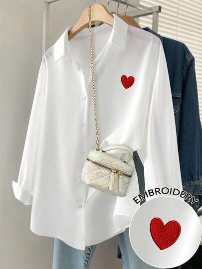 Resyla Women's Heart Embroidery Pattern Shirt, Autumn