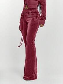 MUSERA Quần ống loe ôm sát, cạp thấp, chất liệu nhung, có dây rút, xếp ly phía trước, chỉ bán phần dưới, thích hợp để đi chơi đêm, phong cách đường phố dễ thương, quần casual mùa hè. - Màu Đỏ Sâu - Xem 3