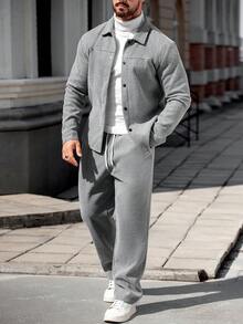 Manfinity Homme 浅灰色粗花呢男士休闲套装，长袖外套搭配带口袋的长裤，灰色休闲西装两件套，冬季休闲套装 - 淺灰色 - 查看 3