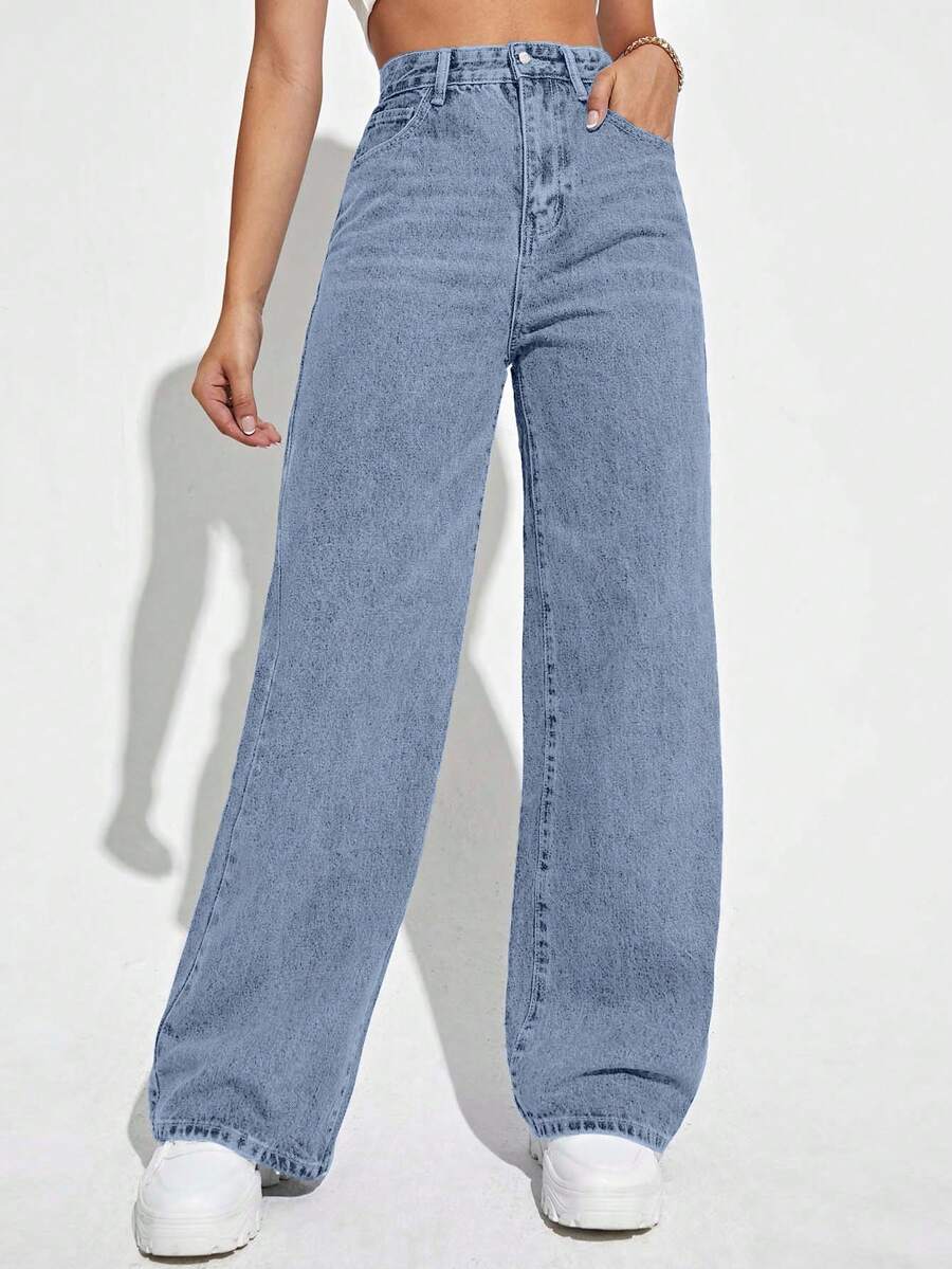 SHEIN Cottnline Damjeans med hög midja och vida ben, tvättade och casual passform - Babyblå - Visa 1