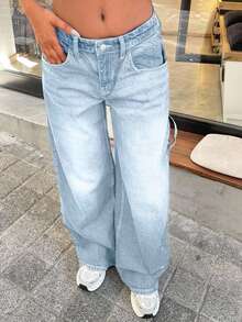 EURMUSE RueChic 100% 纯棉复古水洗 Y2K 高腰休闲阔腿裤，带原始斜口袋，适合日常休闲户外穿着 - 淺藍色 - 查看 4