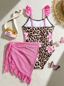 SHEIN Tween Girl Cute Leopard Print Shoulder Strap Ruffle Design Skirt One-Piece Swimsuit, Suitable For Swimming, Vacation, Summer Beach - Baby Pink - View 2