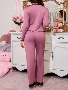SHEIN Sweet Ins Style Contrast Color Lace 2 In 1 Women Pajama Set, Fall Winter Clothes - Red Violet - View 2