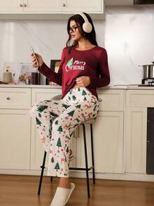 SHEIN Doze Lane 圣诞元素印花长袖长裤睡衣套装（女士款） - 酒紅色 - 查看 3