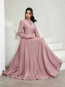 Veilorie Women's Elegant Solid Color Flared Arabic Style Dress - Dusty Pink - View 2