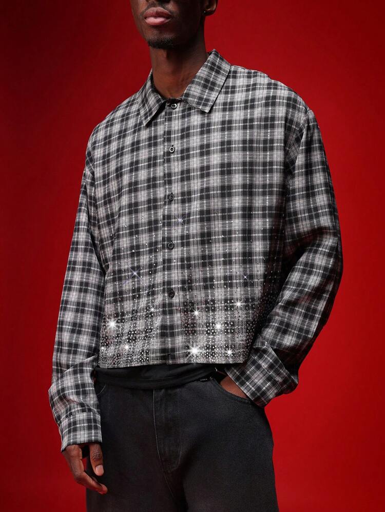 Camicia a quadri a maniche lunghe con strass