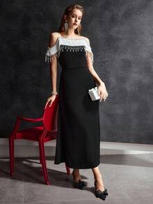 MOTF Soiréza WOMEN'S FAUX PEARL CURTAIN OFF THE SHOULDER CONTRAST COLOR PARTY DRESS - Black and White - View 6