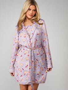MISSGUIDED 羊角面包樱桃条纹长袖睡袍，配腰带，家居服，休闲睡衣 - 彩色 - 查看 1