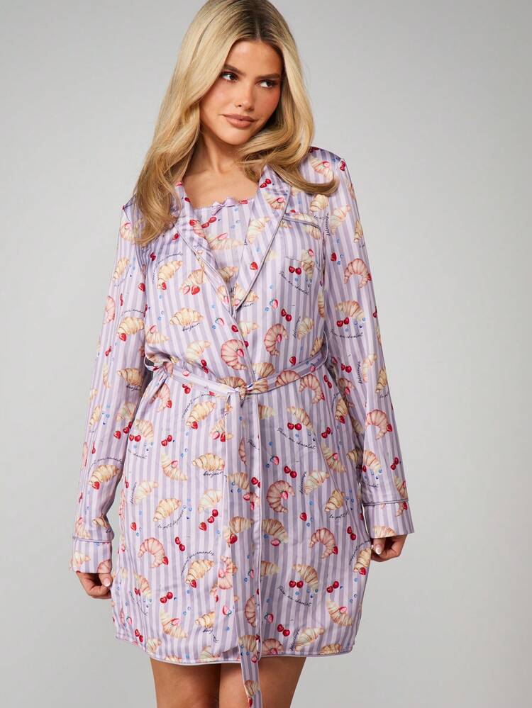 MISSGUIDED Croissant Cherry Striped Robe With Belt Long Sleeve Pajama Loungewear Nightwear