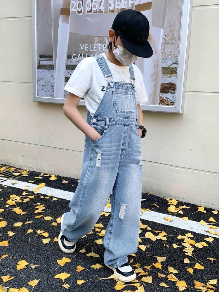 SHEIN 子供用 夏服 カジュアル ブルーデニム オーバーオール ティーン