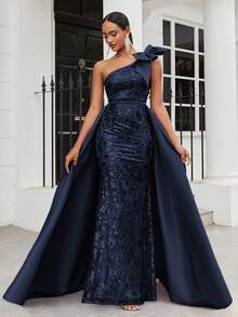 SHEIN Belle Váy nơ vai đính hạt tuyệt đẹp cho tiệc tối trang trọng của phụ nữ, váy dự tiệc cưới thanh lịch, tốt nghiệp, tiệc tối - Màu xanh hải quân - Xem 3