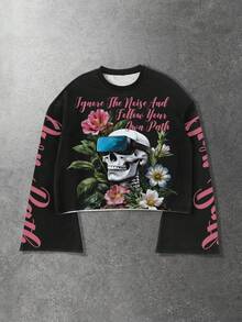 ROMWE MEN Street Life Men's Casual Floral Letter & Skull Print Round Neck Flare Sleeve T-Shirt, Autumn - Multicolor - View 1