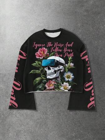 Street Life Maglietta casual da uomo con stampa di lettere e teschio, collo rotondo, maniche a sbuffo, autunnale