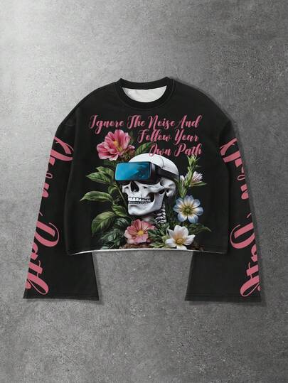 Street Life Herren Lässig T-Shirt mit Buchstaben- und Totenkopf-Muster, Rundhalsausschnitt, Glockenärmel, Herbst