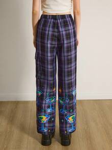 Y2Kool Maria Clara Maia 女士紫色格子酒杯棒棒糖彩色烟花印花格子Y2K工装裤辣妹格子裤2000年代风格图案裤嬉皮裤春季女士生日嘉年华 - 彩色 - 查看 2