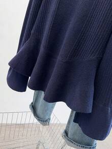 GlowEve CURVE Plus Size Women Solid Color Round Neck Long Sleeve Casual Loose Knit Sweater, Autumn/Winter - Navy Blue - View 6