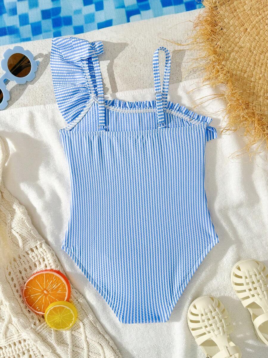 Young Girls' One-Piece Swimsuit, Blue & White Striped Cute Ruffled Asymmetric Shoulder Adjustable Strap Ruffled Hem One-Piece Swimwear - Blue and White - View 1