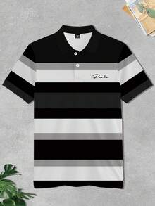 Manfinity Homme 黑灰撞色条纹加大码男士Polo衫，法式极简风格，时尚男士必备单品，适合休闲和商务场合，轻松展现精致格调。 - 彩色 - 查看 4