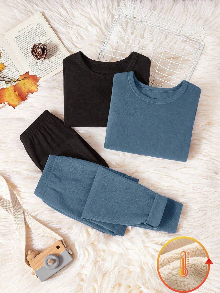 SHEIN Genkimix Kids 2pcs Young BoySoft Fleece Long Sleeve Top And Pants Underwear Set - Multicolor - View 1