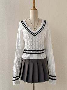 SHEIN Unity Áo len dệt kim ngắn cổ chữ V sọc tương phản mới dành cho nữ, áo dệt kim dài tay, mùa thu/đông - trắng - Xem 5