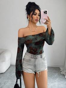 Selianne Áo crop top dệt kim ombre họa tiết hoa lệch vai gợi cảm mới, áo thun ngắn tay bồng hở vai cho nữ - màu xanh lá - Xem 7