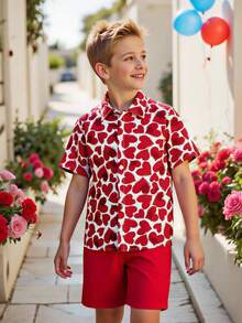 2pcs/Set Tween Boys Valentine's Day Heart Print Shirt And Shorts Set - Red - View 1
