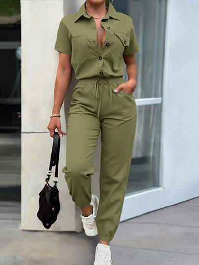 EMERY ROSE 女式优雅纽扣装饰口袋衬衫，收腰修身连身裤，春夏