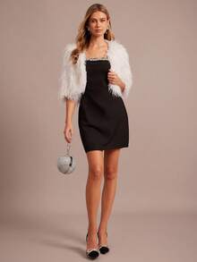 Enchnt Manteau court en fourrure blanc de luxe romantique pour femmes en automne-hiver, chic, élégant et pour les fêtes, les rendez-vous, les vacances, la remise des diplômes, les invités de mariage, le bureau, la sortie, Halloween, Noël, la rentrée scolaire, manteaux d'automne pour femmes, Nouvel An pour femmes - Blanc - Voir 3