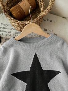 Tween Girl Star Pattern Round Neck Drop Shoulder Sweater, Sibling - Grey - View 5