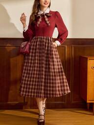 Vintamour Klasyczna, elegancka, damska sukienka w kratę, patchwork z kokardą i długim rękawem w kolorze czerwonego wina