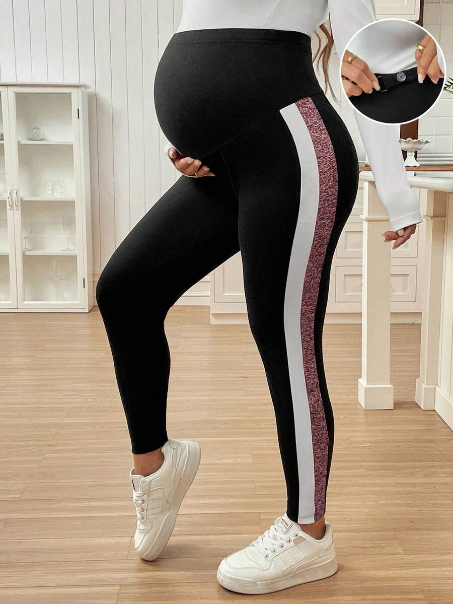 SHEIN Comfortable Maternity Cropped Leggings Knitted Fabric With Graphic Side Stripes And Adjustable Button Waist For Expecting Moms - Multicolor - View 1