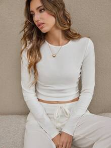 HautHeat Women's Solid Color Long Sleeve Top And Pants Pajama Set, Fall & Winter Clothes - White - View 5