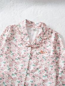 Girls Floral Ruffle Trim Long Sleeve Pajama Set - Pink - View 5