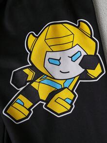 Transformers X SHEIN 2pcs/Set Young Boy Cute Cartoon Robot Print Drop Shoulder Hooded Sweatshirt And Sweatpants Knit Sporty Casual Outdoor Outfit - Black - View 6