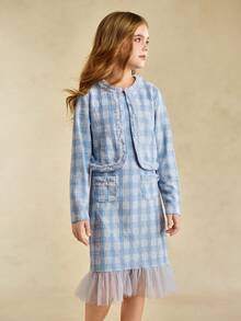 Sparklyn 2pcs/Set Tween Girls Plaid Jacket And Mesh Inset A-Line Dress Outfit, Autumn/Winter - Multicolor - View 5