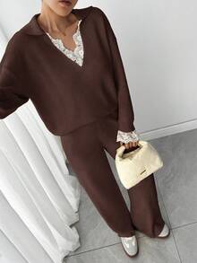 Modelyn Damen Lässig Kontrast Spitze Drop Shoulder Pullover und Hose Set, Herbst/Winter
