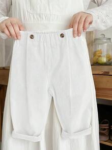 SHEIN LMoss Kids Baby Girl Waist Button Design Casual Loose Denim Harem Pants - White - View 3