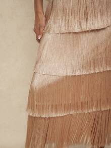 Silquee Đầm hở lưng màu trơn tua rua dây mảnh thời trang thanh lịch không tay hở lưng - Màu be - Xem 5