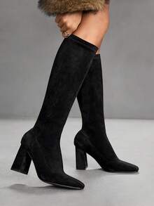 CUCCOO SZL 黑色麂皮粗跟过膝长靴，修饰腿型，拉长腿部线条 - 黑色 - 查看 3