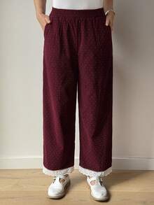 Vivie Lora Women's Polka Dot Print Patchwork Embroidery Hollow Out Wide Leg Casual Pants - Burgundy - View 6