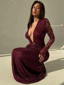 Aloruh 酒红色浪漫长款约会深V金属扣长袖褶皱修身连衣裙，适合情人节、新年、派对等场合，尽显优雅气质。 - 酒紅色 - 查看 9